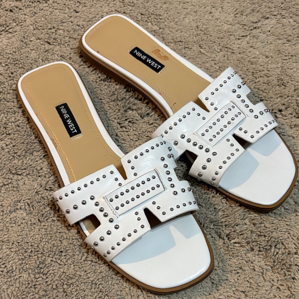 Nine West White Studded Slide Sandals